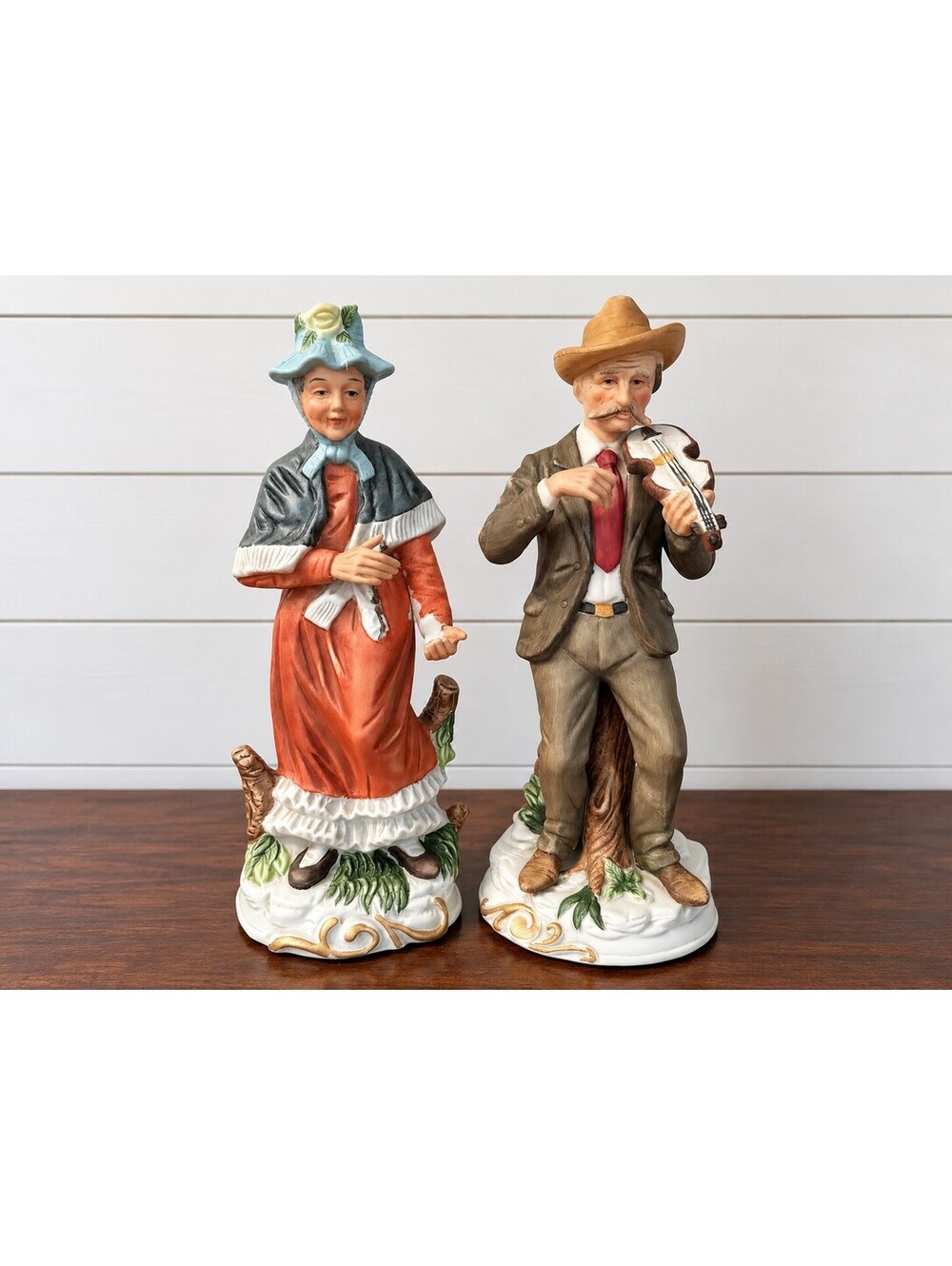 Vintage 1970s Porcelain Fiddler Couple Figurines 12” Violinist Man Woman